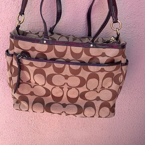 Coach Purse Signature Large Brown Beige  Satchel Handles Shoulder Strap Woman - Picture 11 of 14